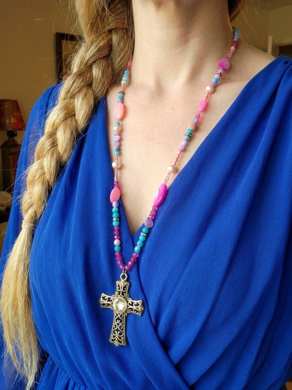 Pastel Pink Blue Bead Pearl Cross Necklace