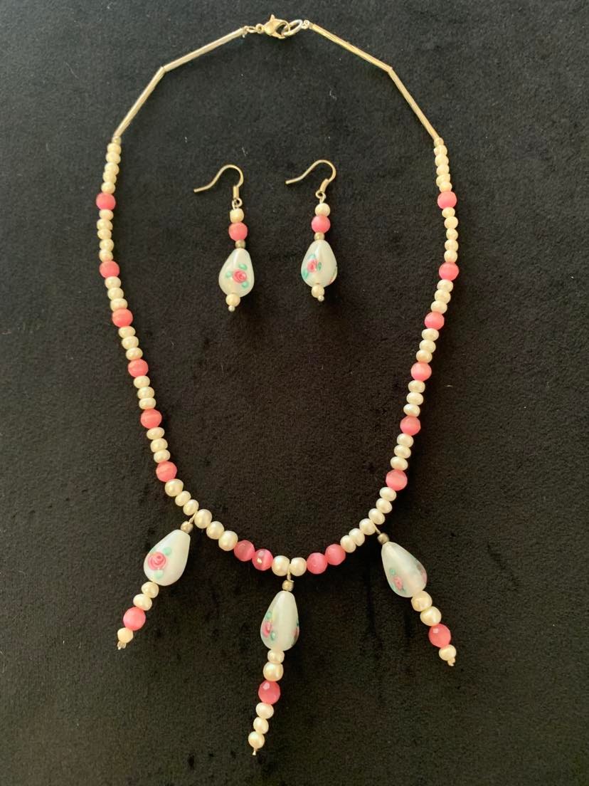 Water Pearl Pink cats eye Necklace earrings