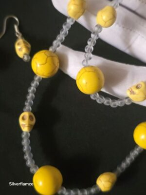 Yellow Howlite Skull Necklace and Earrings