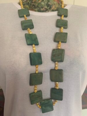 Yellow Water Pearl and Green Wood Necklace