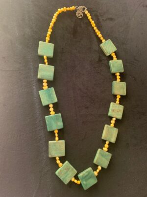 Yellow Water Pearl and Green Wood Necklace