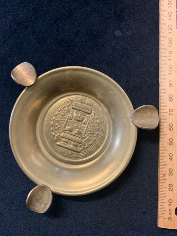 Copper Pre Columbian Art and Estado Unidos coins ash tray