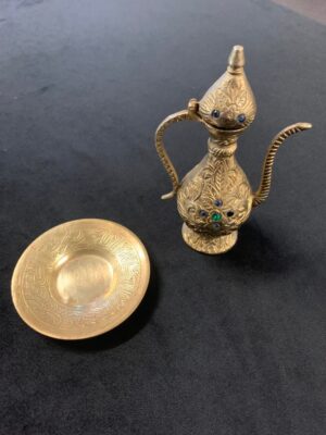 Solid Engraved Antique Brass Jeweled Aftaba Decorative Jug and Tray