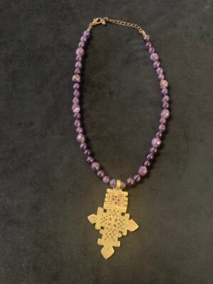 Amethyst Beaded Necklace with Ethiopian Brass Cross