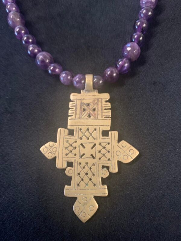 Amethyst beaded necklace with Ethiopian Brass cross