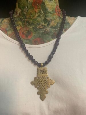 Amethyst Beaded Necklace with Ethiopian Brass Cross