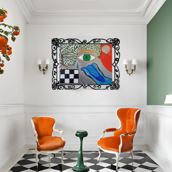 The Club Acrylic displayed in room with orange chairs Painting by Erica Golding