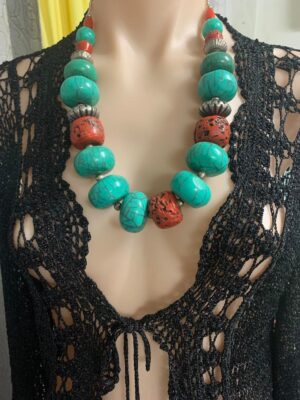 Berber Red and Turquoise Colour Resin Vintage Necklace