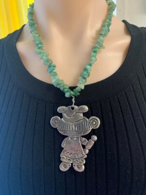 Green Jade Bead Silver Cookie Girl Pendant Necklace