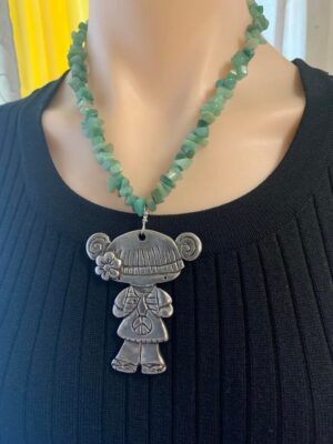 Green Jade Bead Silver Peace Girl Pendant Necklace