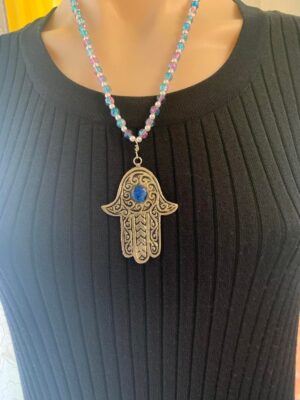 Khmisa White Metal Pendant Blue and Pink Crackle Glass Beaded Necklace