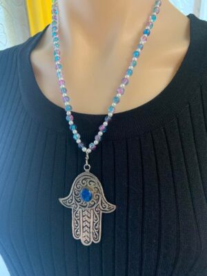 Khmisa White Metal Pendant Blue and Pink Crackle Glass Beaded Necklace