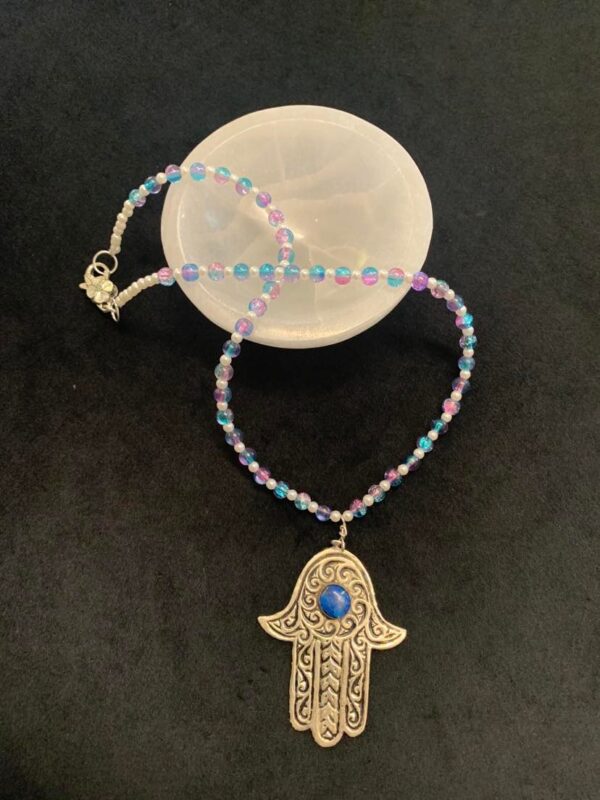 Khmisa-White-Metal-Pendant-and-Blue-Pink-Glass-Beaded-Necklace