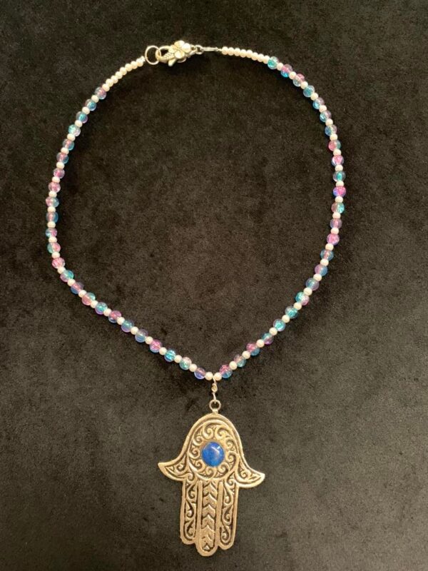 Khmisa-White-Metal-Pendant-and-Blue-Pink-Glass-Beaded-Necklace