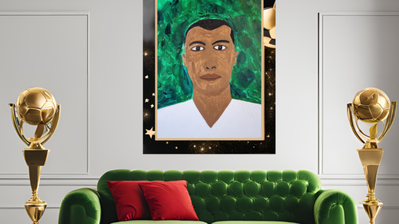 Soccer Star Acrylic Painting in room with green sofa by Erica Golding