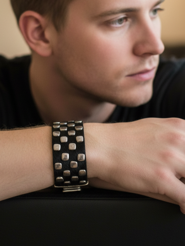 Black Leather Silver Stud Bracelet on Man Model