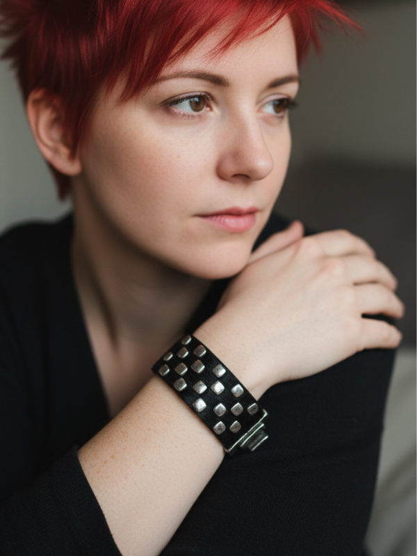 Black Leather Silver Stud Bracelet on Woman Model