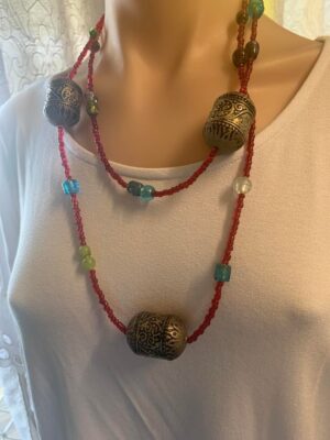 Ethnic Red Glass Seed Bead Embossed Metal Tube Necklace