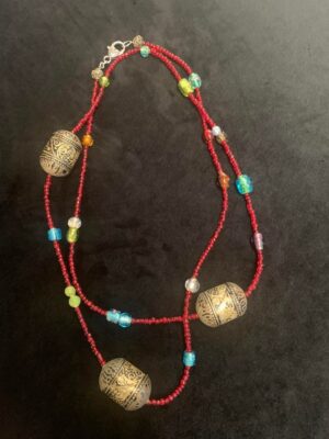 Ethnic Red Glass Seed Bead Embossed Metal Tube Necklace