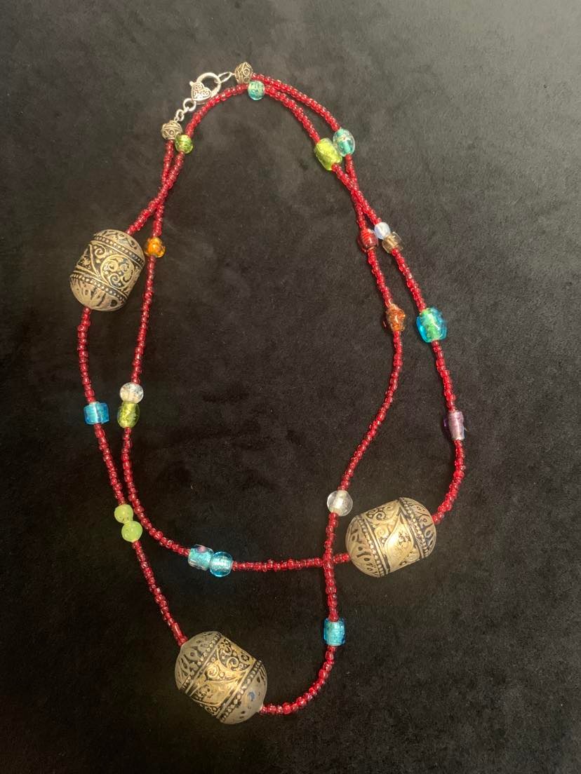 Ethnic Red Glass Seed Bead embossed metal tube necklace