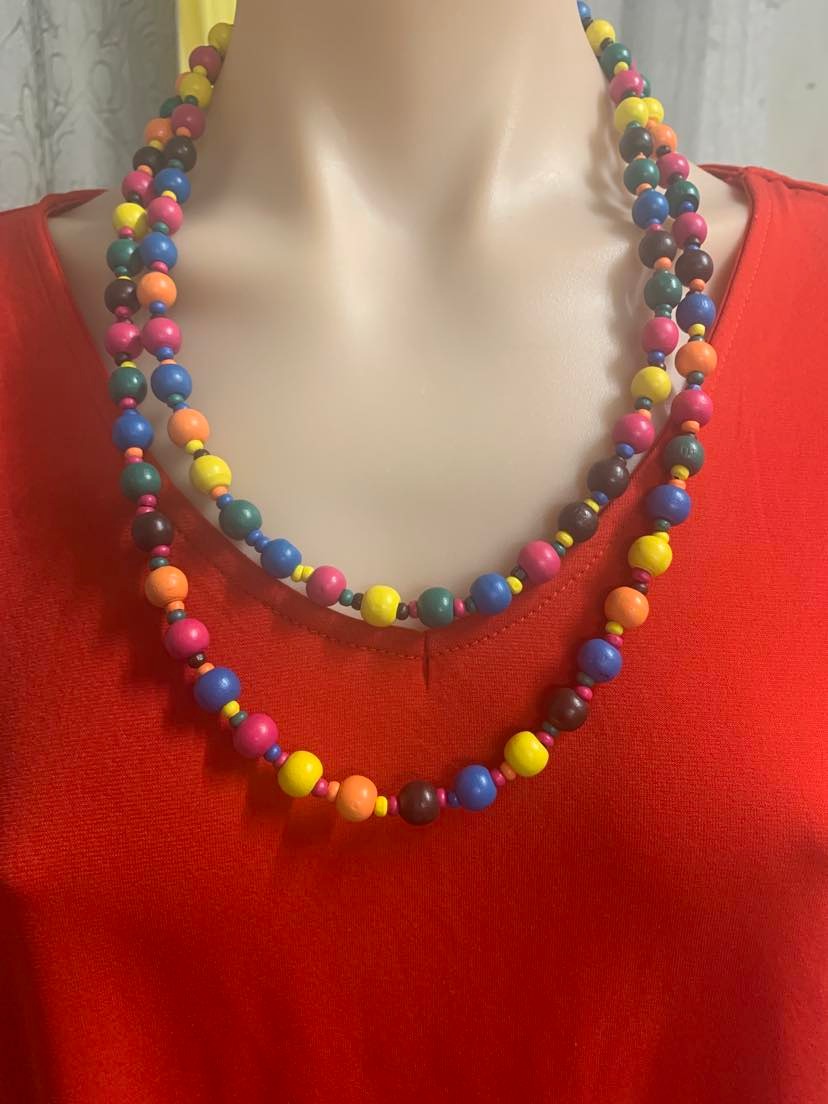 Rainbow colour wooden beaded necklace