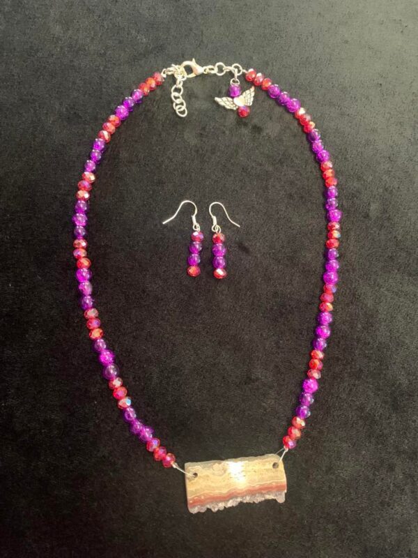 Amethyst Slice Purple red glass beaded necklace earrings