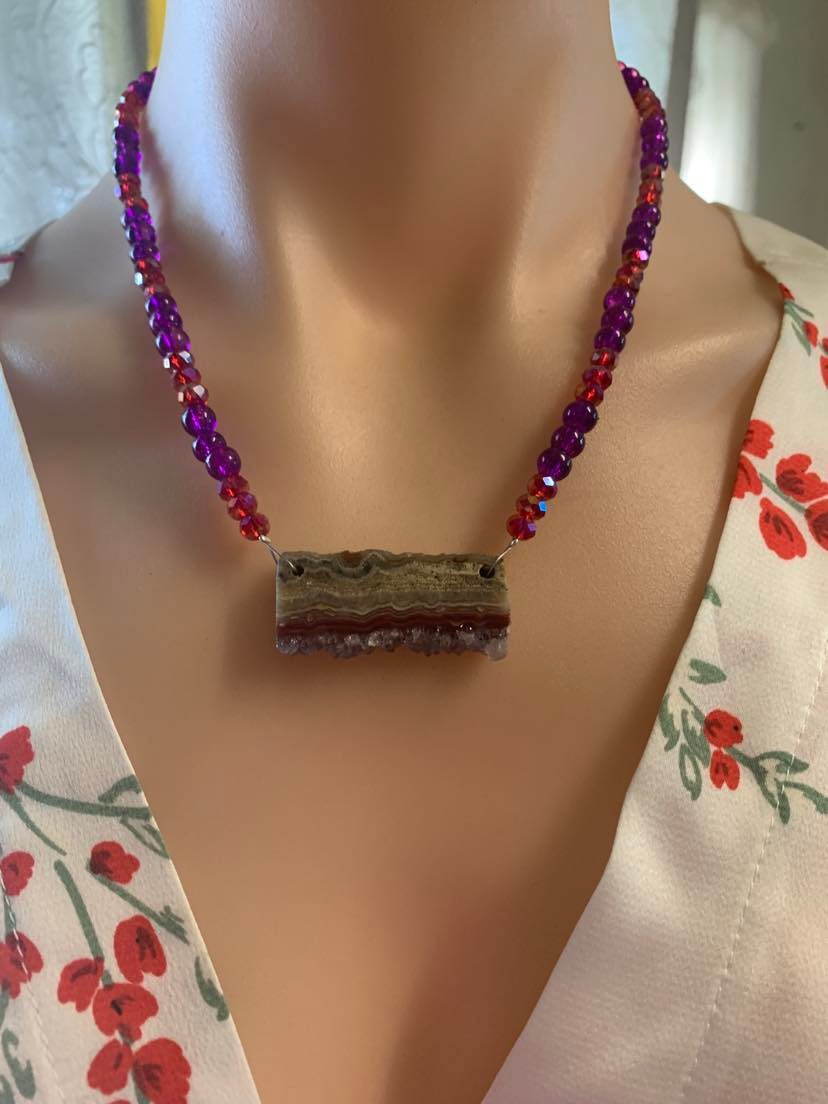 Amethyst Slice Purple Red Glass Beaded Necklace Earrings