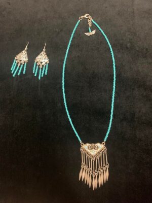 Turquoise Glass Seed Beaded Vintage Tassel Necklace and Earrings