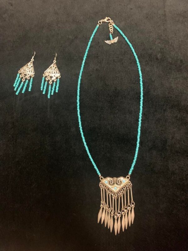 Turquoise Glass Seed Beaded Vintage Tassel Necklace and earrings