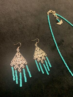 Turquoise Glass Seed Beaded Vintage Tassel Necklace and Earrings