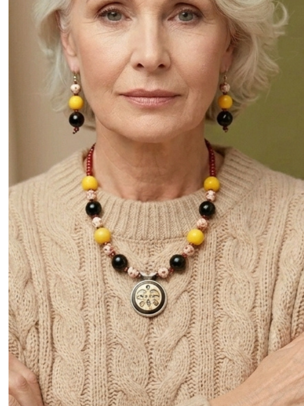 Yin Yang Yellow Black Bead Necklace Set