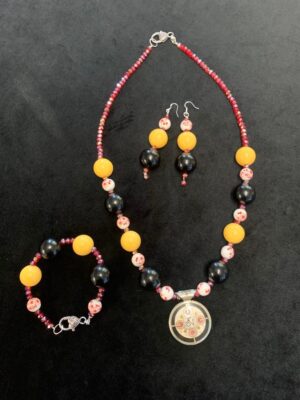 Yin Yang Yellow Black Beaded Necklace Bracelet Earrings Set