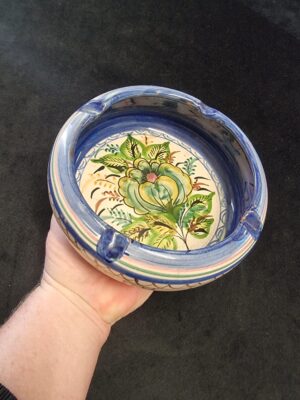 Porcelain Hand Painted Blue Green Flower Ashtray