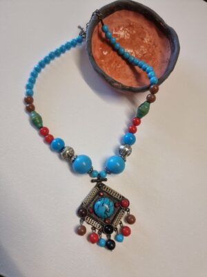 Acrylic Light Blue Red Beaded Ethnic Vintage Necklace