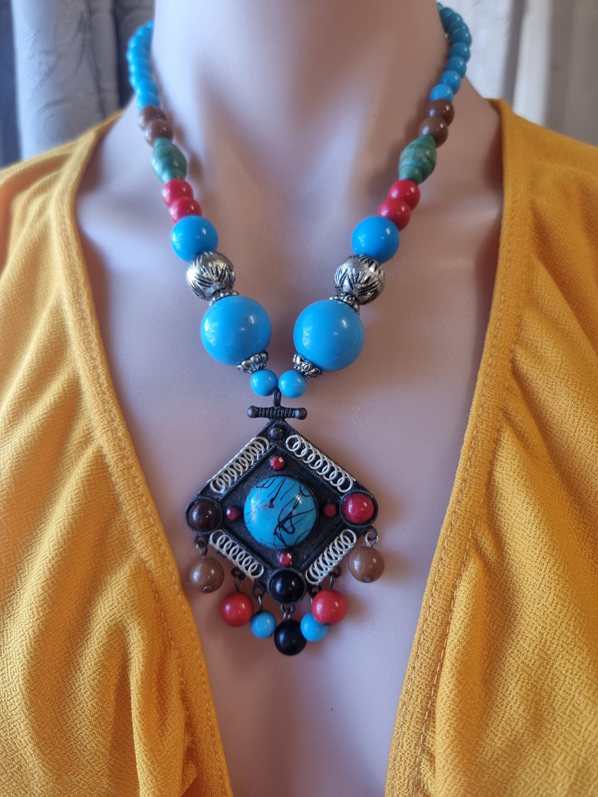 Acrylic light blue and red ethnic vintage necklace