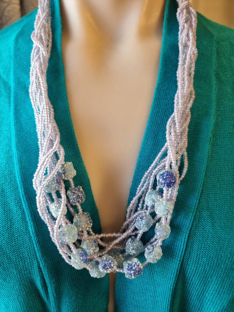 Blue Frosted Crackle Glass Beads Vintage Necklace
