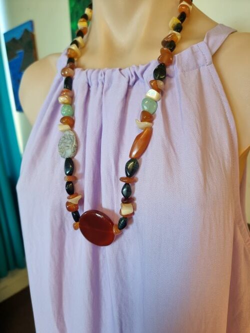 Carnelian and Malachite Gem Nugget Bead Necklace