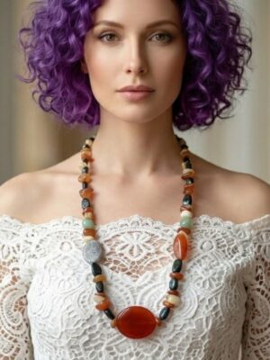 Carnelian and Malachite Nugget Gem Bead Necklace