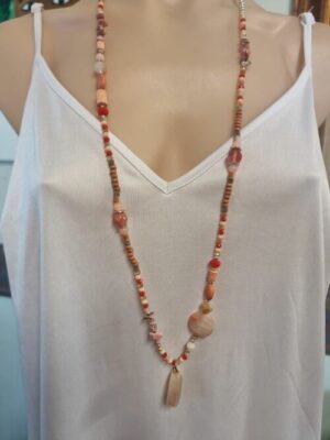 Peach Agate and Red Crystal Glass Bead Necklace