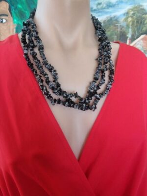 Snow Flake Obsidian Beaded Vintage Necklace