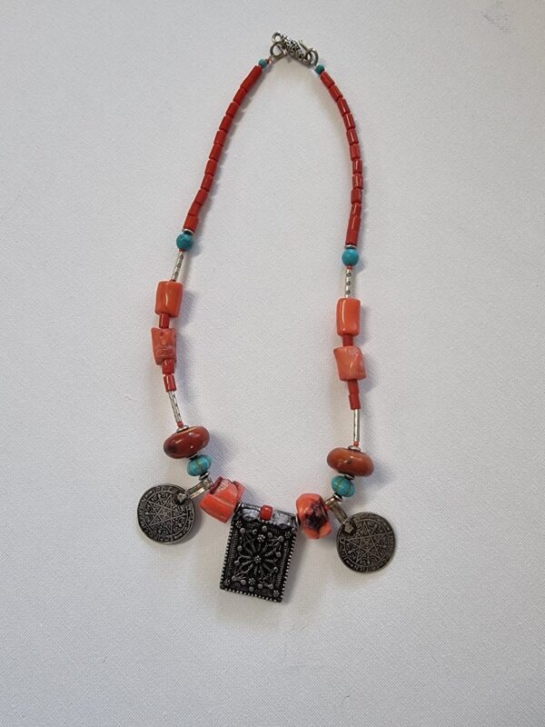 Berber Red Coral Vintage Franc Coin Necklace