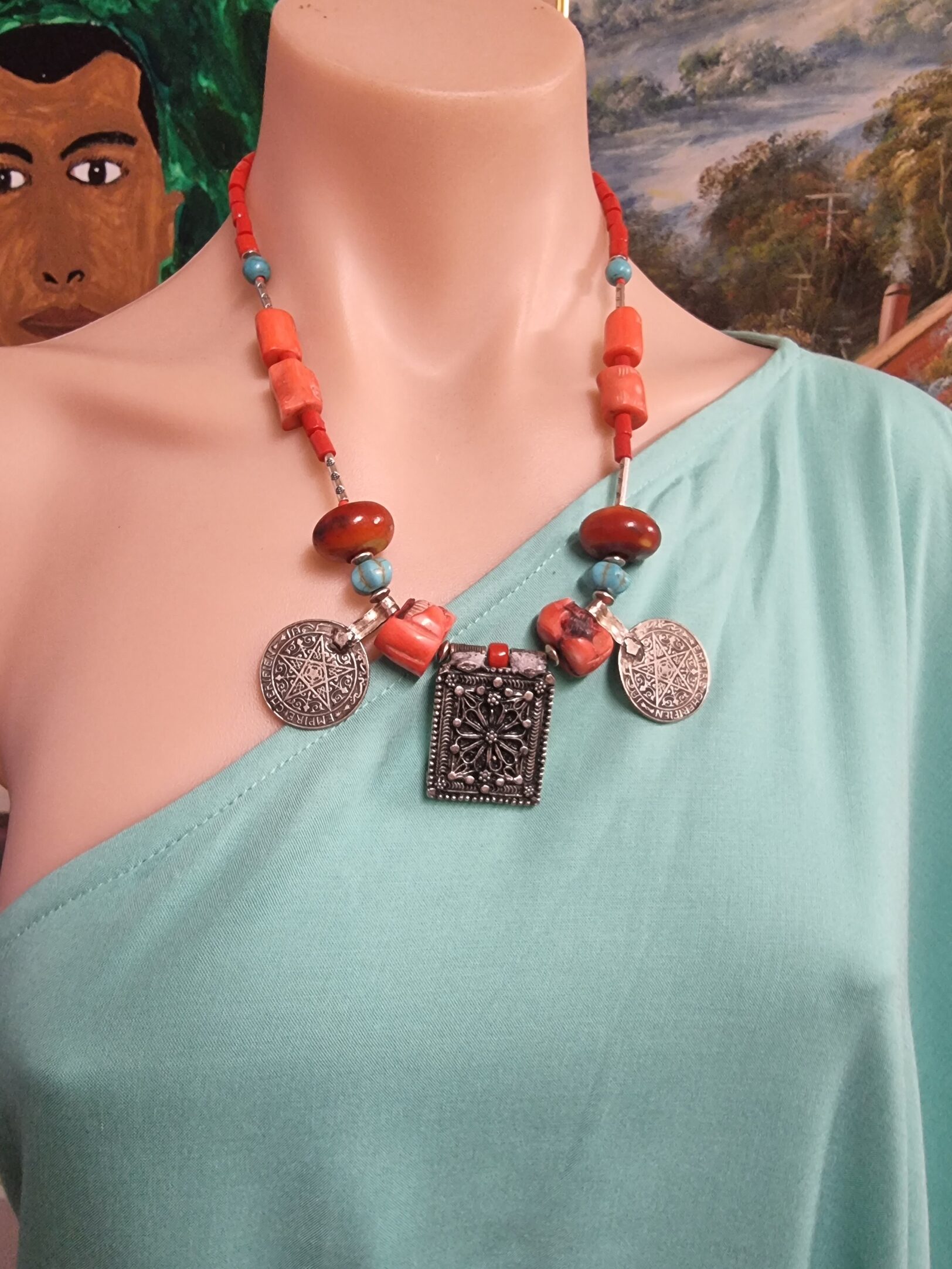 Berber Red Coral Vintage Franc Coin Necklace