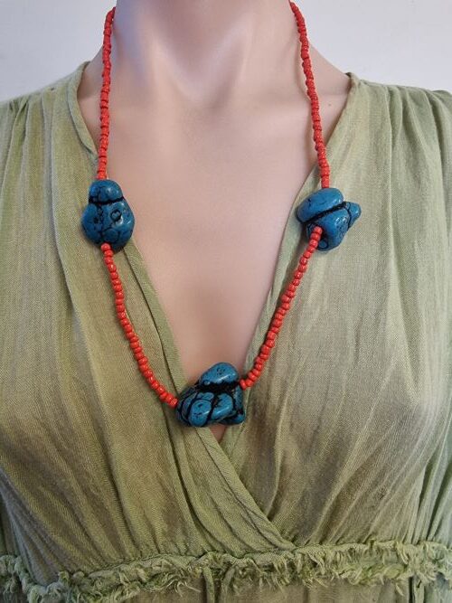 Turquoise and Orange Bead Necklace