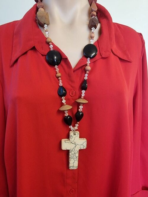 Wood and Howlite Cross Necklace