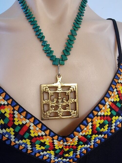 Green Malachite Brass Square Necklace