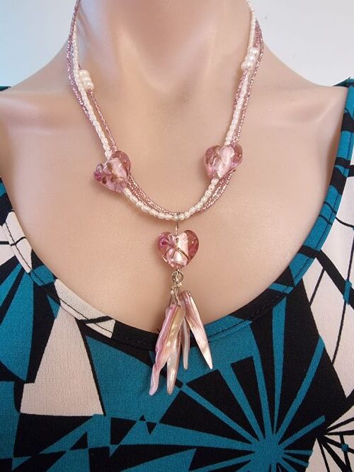 Pink Glass Heart & Water Pearl Necklace