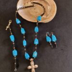 Turquoise Gem & Sterling Silver Forged Cross Necklace Set