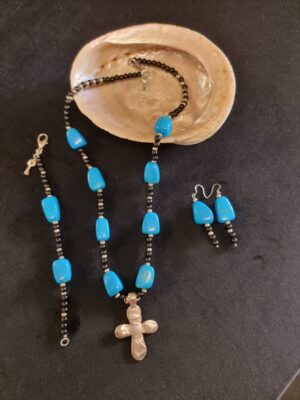 Turquoise Gem & Sterling Silver Forged Cross Necklace Set