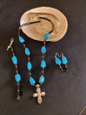 Turquoise Gem & Sterling Silver Forged Cross Necklace Set