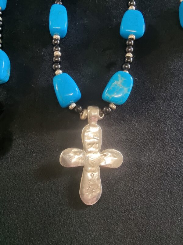 Turquoise Gem & Sterling Silver forged Cross Jewellery set